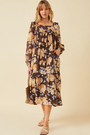 HY6200 Brown Womens Romantic Floral Square Neck Long Sleeve Dress Full Body